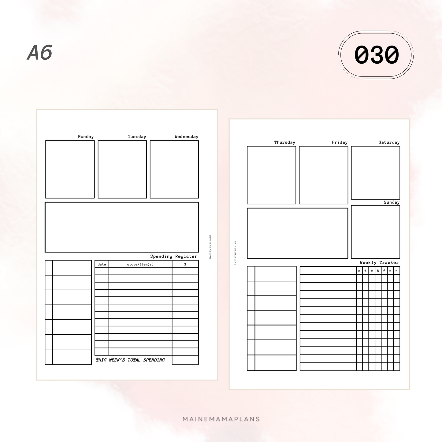 030: Week on 2 Pages (Blank) with Weekly AND Spending Trackers