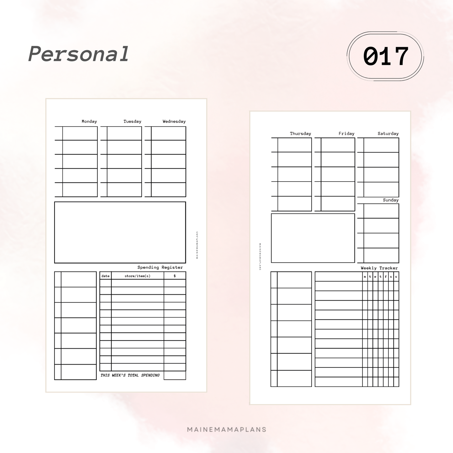 017: Week on 2 Pages (Lined) with Weekly AND Spending Trackers