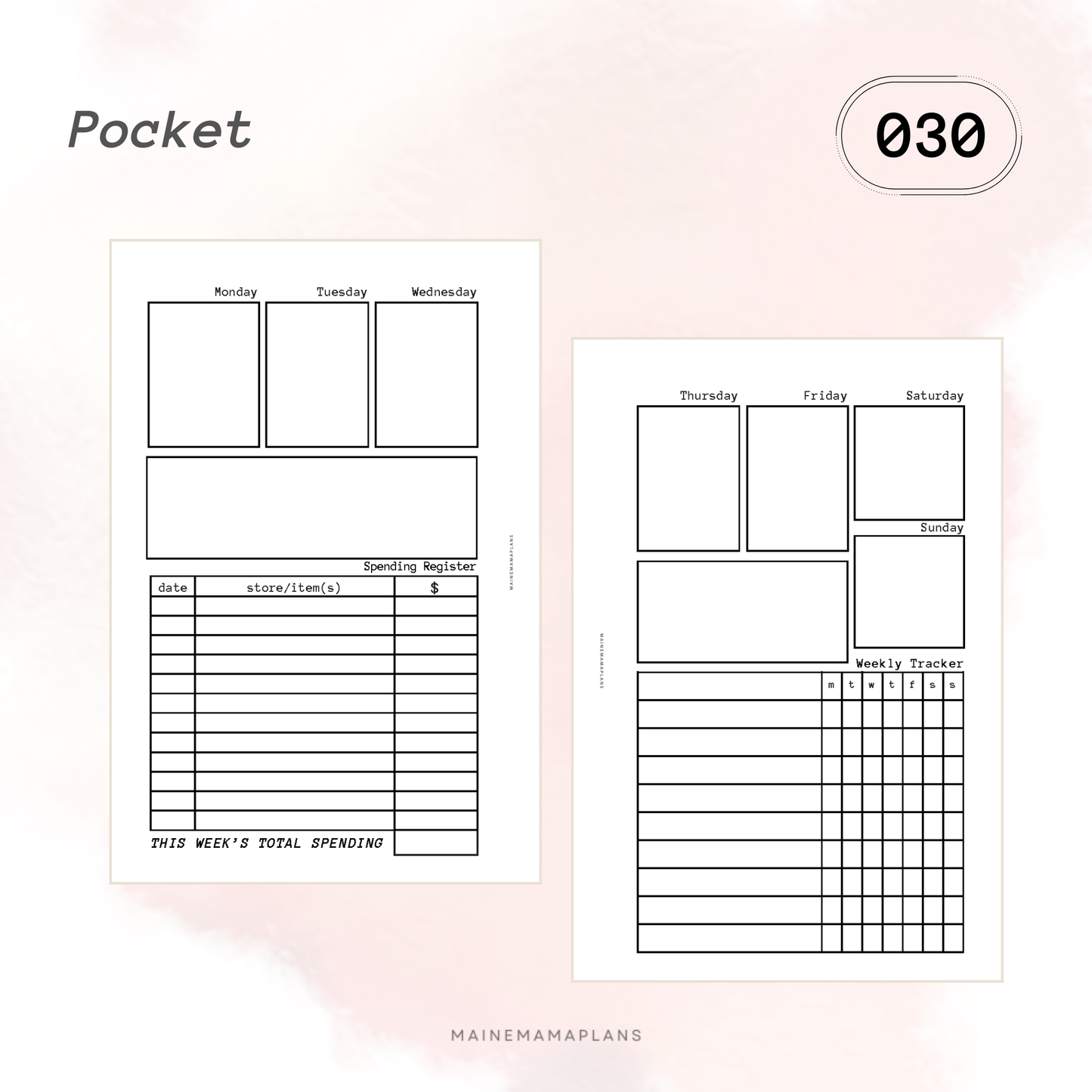 030: Week on 2 Pages (Blank) with Weekly AND Spending Trackers